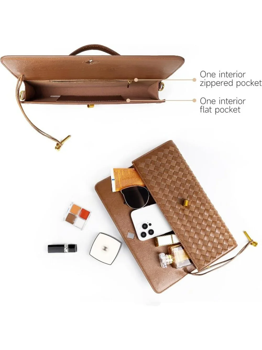 Women Chestnut Woven Leather Suede Woven Clutch Purse For Evening Crossbody Bag